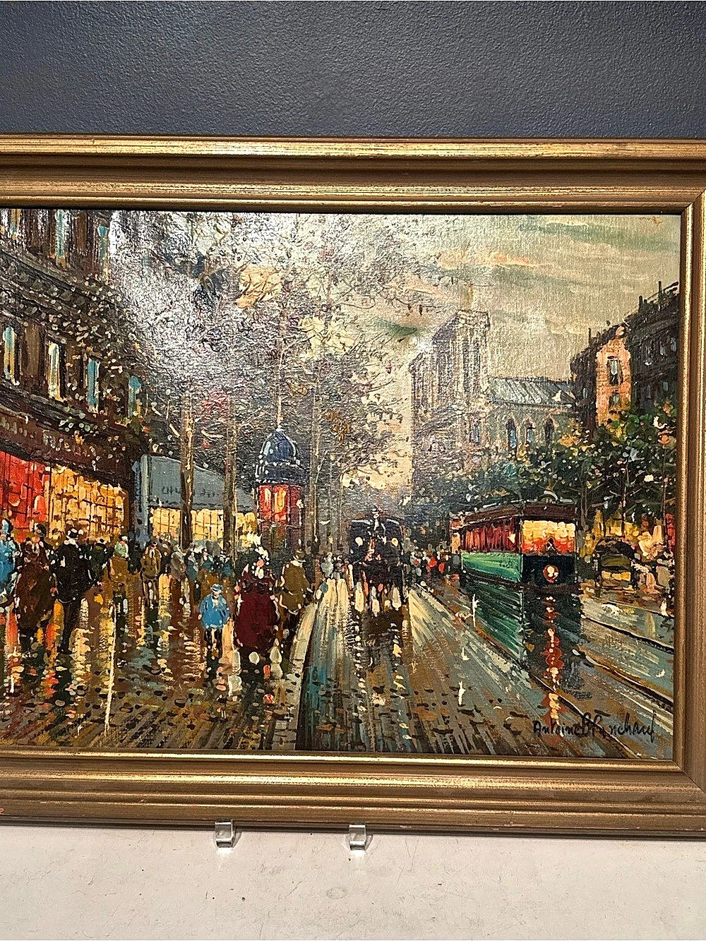 Vintage Framed City Street Art Print, Brown & Green Signed by Antoine Blanchard